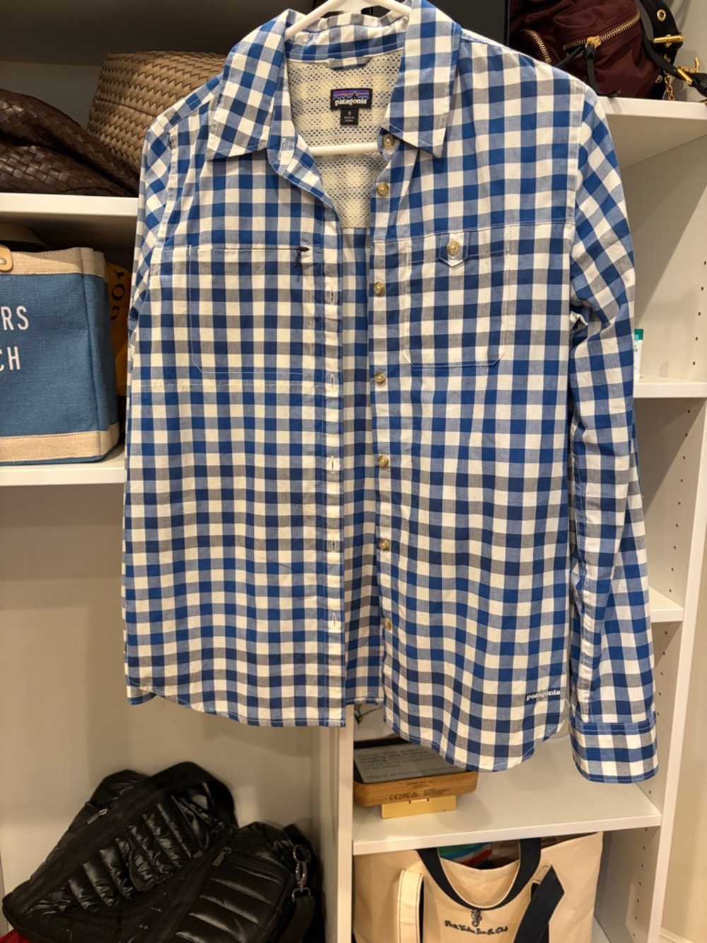 Patagonia Blue and White Gingham Button-Up Shirt